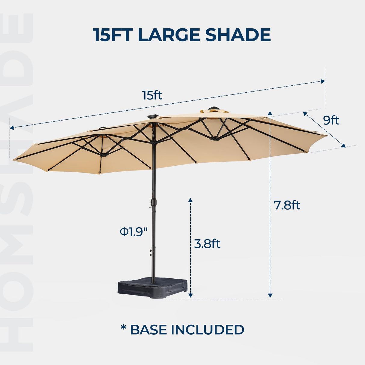 HOMSHADE Double Sided Patio Umbrellas - 15ft Solar Lights LED Lighted Outdoor Extra Large Market Table Umbrella with Base Included, Oversized Umbrella for Deck, Pool, Backyard (Beige) HOMSHADE
