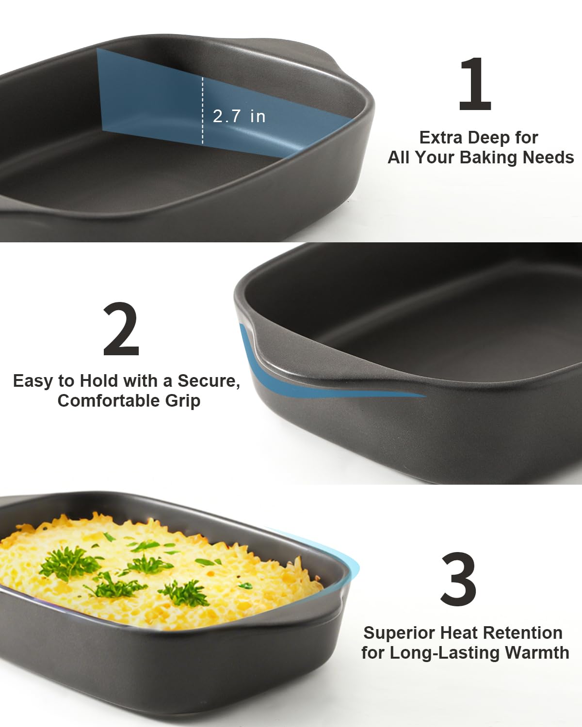 Tikooere Casserole Dishes for Oven, Stoneware Baking Dishes Set of 3, Ceramic Baking Pan, Deep Rectangular Lasagna Pan, Farmhouse Bakeware Sets for Christmas Gift, (14.9"/12"/8.8"), Matte Black Tikooere