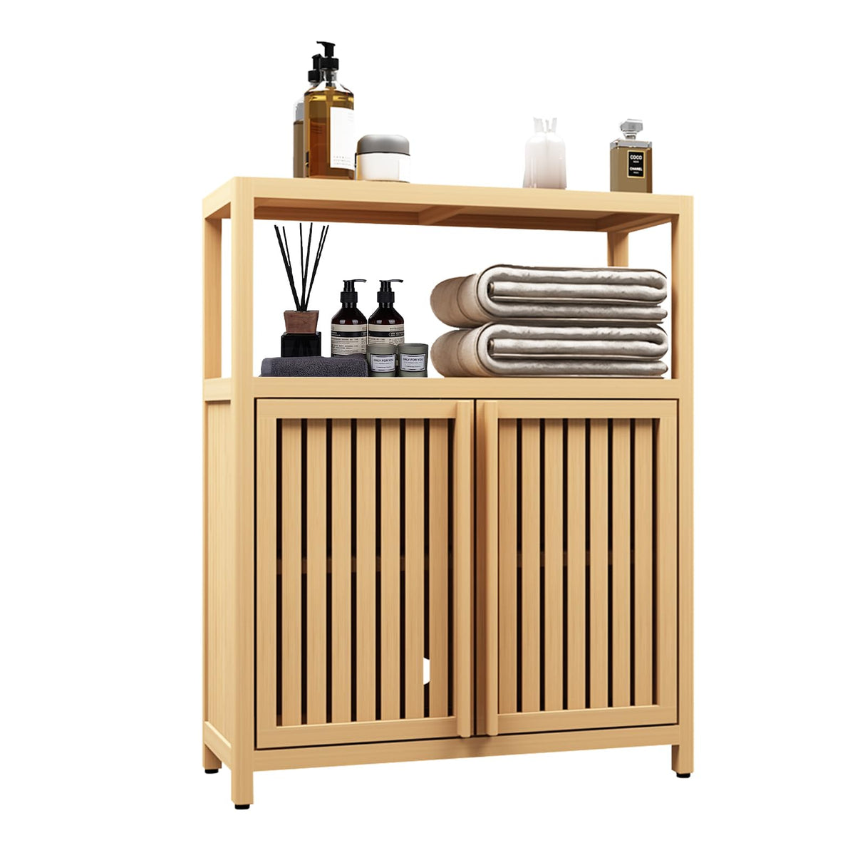 BAOMKONG Versatile Bamboo Storage Cabinet with Louvered Doors & Open Shelf - Ideal for Bathroom, Living Room, or Entryway BAOMKONG