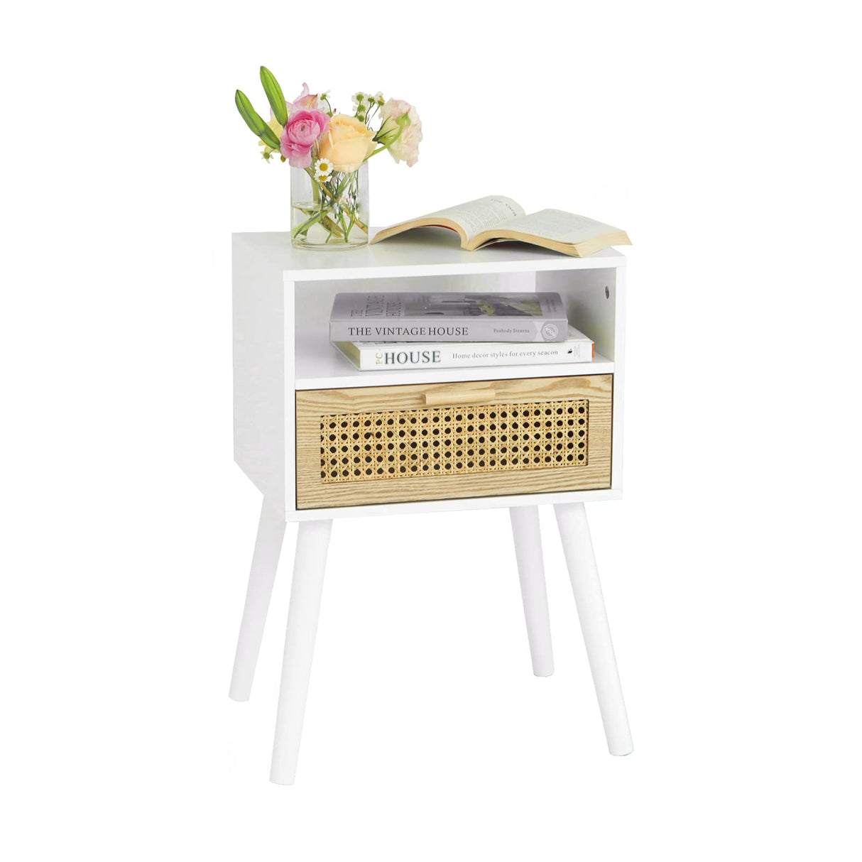 MaxSmeo White Nightstand with Drawer, Mid Century Modern Nightstand, Rattan Side Table, End Table with Storage for Living Room, Bedroom and Small Spaces, Easy Assembly (White) MaxSmeo
