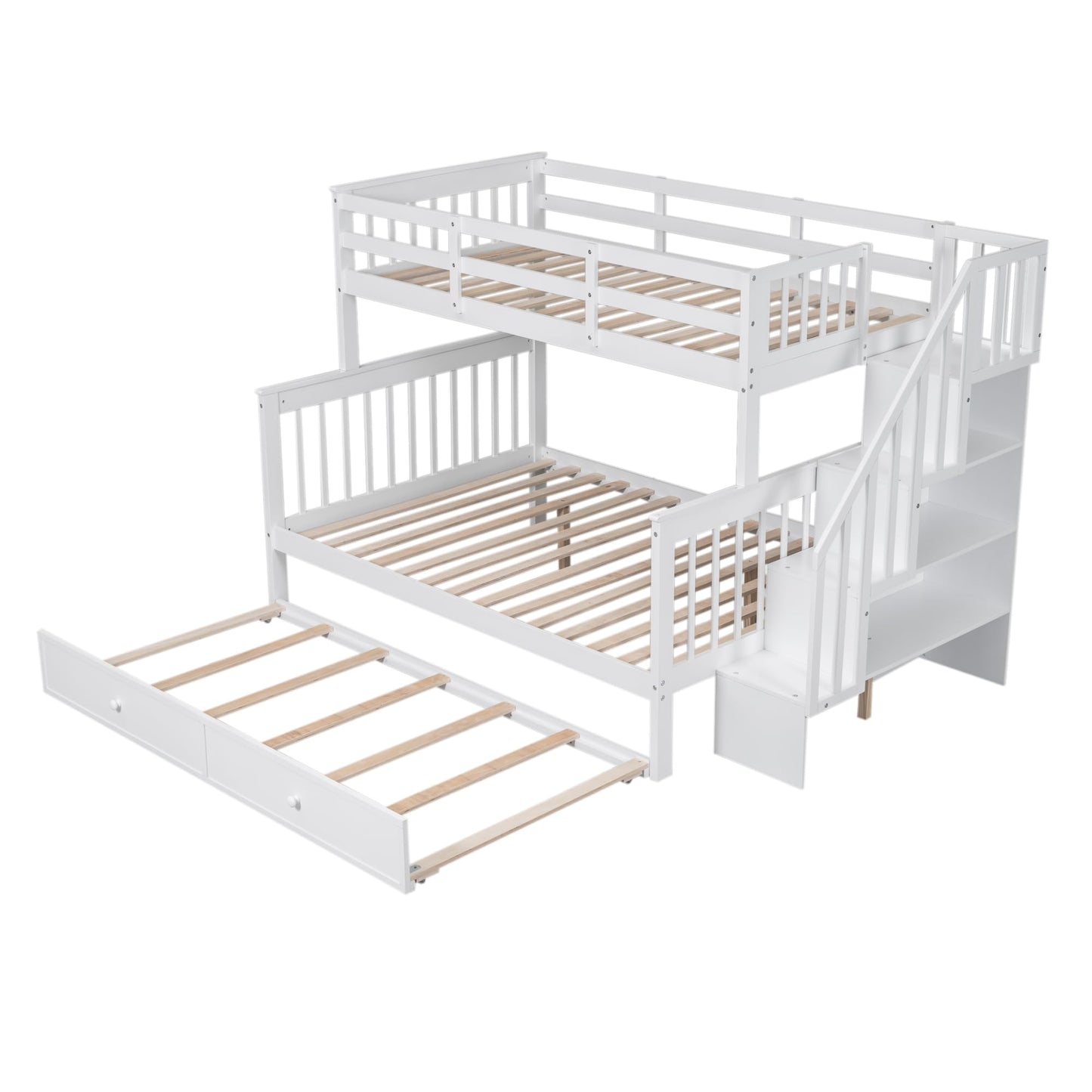 Stairway Twin Over Full Bunk Bed with Trundle and Storage Shelves in White by Harper & Bright Designs - WoodArtSupply