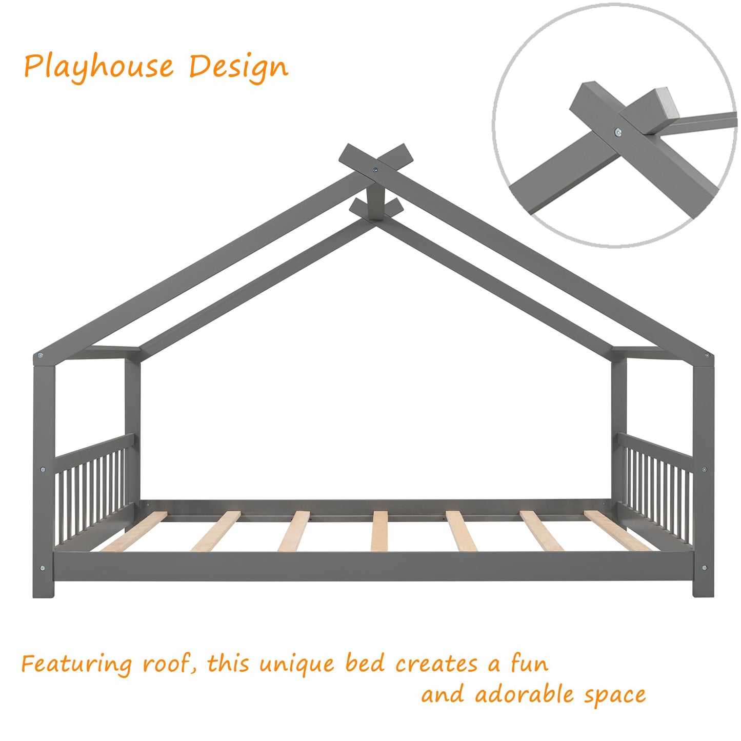 Bellemave Full-Size Montessori Floor Bed Frame with Playhouse Design in Grey - WoodArtSupply