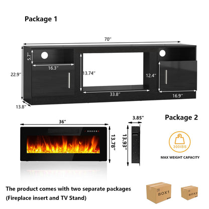 Tavata Fireplace TV Stand Entertainment Center with 36" Fireplace, 70" Wooden TV Stand for TVs Up to 80",Media TV Console with High Gloss Storage Cabinet and 16 Colors LED Lights (Black)