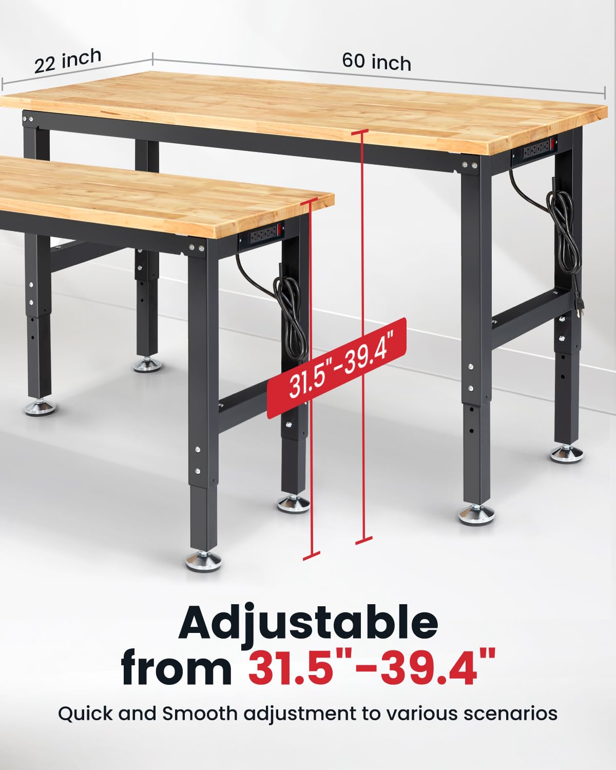 ENJOYWOOD 60 Inch Workbench for Garage Adjustable Height Work Bench with Pegboard Power Outlets Rubber Wood Tabletop Work Table for Cutting Wood Woodworking Shop Home Office Electronic ENJOYWOOD