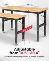ENJOYWOOD 60 Inch Workbench for Garage Adjustable Height Work Bench with Pegboard Power Outlets Rubber Wood Tabletop Work Table for Cutting Wood Woodworking Shop Home Office Electronic ENJOYWOOD