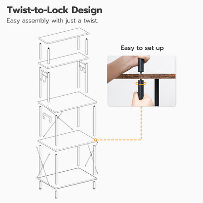 HOOBRO Kitchen Bakers Rack with Power Outlets, 5-Tier Microwave Stand, Coffee Bar with S-Shaped Hooks, Kitchen Storage Shelf Rack for Living Room, Dining Room, Rustic Brown and Black BF80UHB01