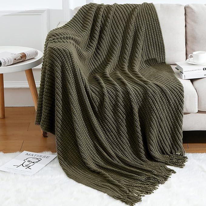 Blagic Knitted Throw Blanket for Couch Soft Farmhouse Boho Throw Blanket with Tassels Home Decorative Lightweight Throw Blankets,Dark Green Throws for Bed/Chair/Sofa, Wheat Textured, 50" W x 60" L Blagic