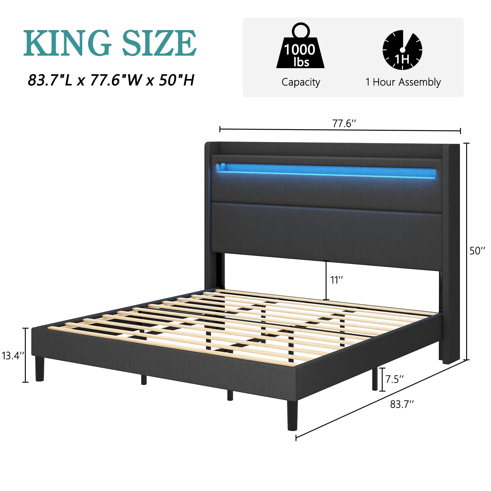 LUXOAK King Size Linen Upholstered Bed Frame with RGBW LED Light & Charging Station - 50" High, No Box Spring Required, Black - WoodArtSupply