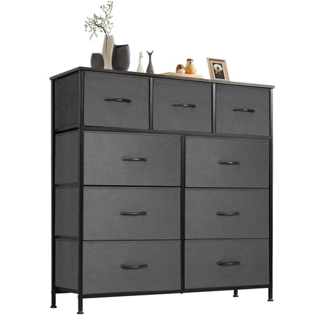 Sweetcrispy Dresser for Bedroom with 9 Fabric Drawers, Tall Chest Organizer Units for Clothing, Closet, Storage Tower with Cabinet, Metal Frame, Wooden Top, Lightweight Nursery Furniture, Grey Sweetcrispy