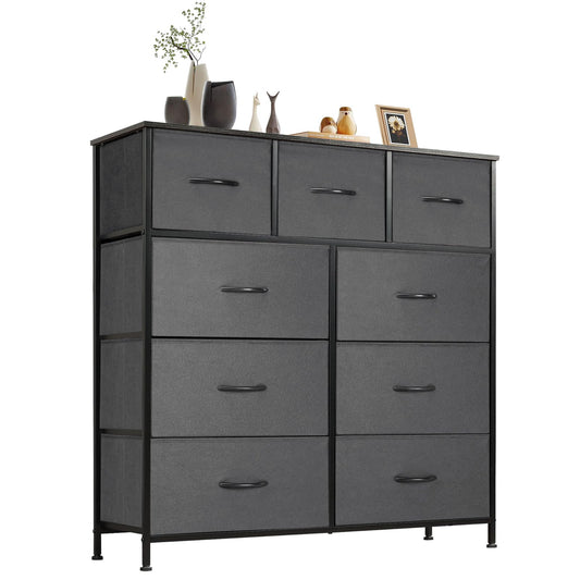 Sweetcrispy Dresser for Bedroom with 9 Fabric Drawers, Tall Chest Organizer Units for Clothing, Closet, Storage Tower with Cabinet, Metal Frame, Wooden Top, Lightweight Nursery Furniture, Grey