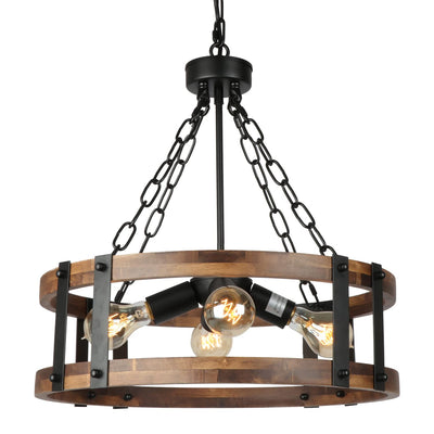 Voguad Farmhouse Rustic Wood Chandelier, 4-Light Industrial Drum Chandelier for Dining Room Vintage Pendant Hanging Light Fixture with Black Metal Accent for Kitchen Living Room Dining Area