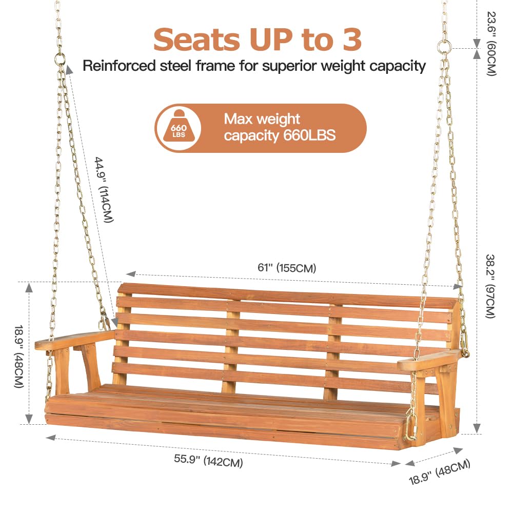 Panana Acacia Wood Porch Swing 2-Seater Outdoor Wooden Swing Bench with Hanging Chains for Garden Backyard Deck Patio Panana