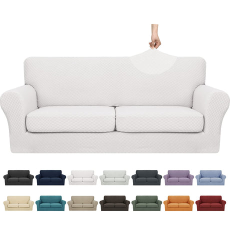 YEMYHOM Latest Checkered 3 Pieces Couch Covers for 2 Cushion Couch High Stretch Sofa Cover with 2 Extra Large Seat Cushion Covers Anti Slip Elastic Slipcovers (XL Loveseat, White), 71"-91"(2 CUSHIONS) YEMYHOM