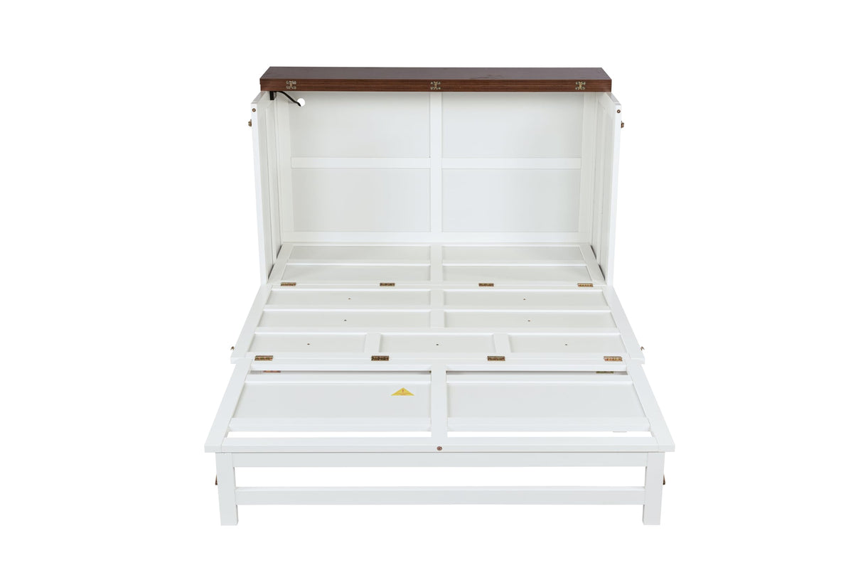 PVWIIK Full Size Murphy Bed with Large Storage Drawer for Guest Room Home Office, Wood Platform Bed Frame w/USB Ports & Charging Station,White PVWIIK