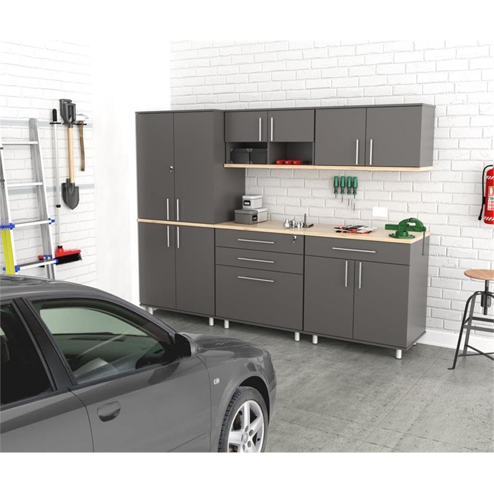 Inval Piece Engineered Wood Garage Storage System, Kratos 5-Pc Set, Dark Gray and Maple - WoodArtSupply