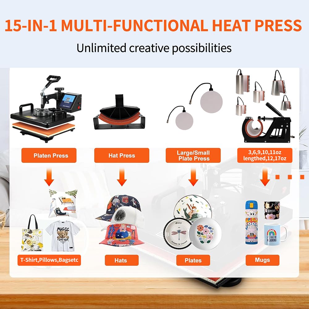 SHUOHAO Upgraded 15 in 1 Heat Press Machine for T-Shirts,Hats,Mugs,Pens &More 12x15 Inch Heat Press 360-Degree Rotation Swing Away Sublimation Machine Dual-Tube Tshirt Press Machine Digital Control