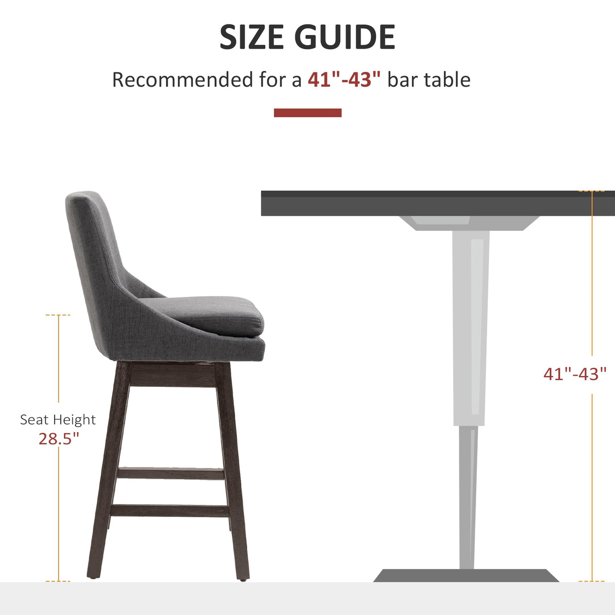 HOMCOM Bar Height Bar Stools Set of 2, Armless Upholstered Swivel Barstools Chairs with Soft Padding Cushion and Wood Legs, Dark Gray HOMCOM