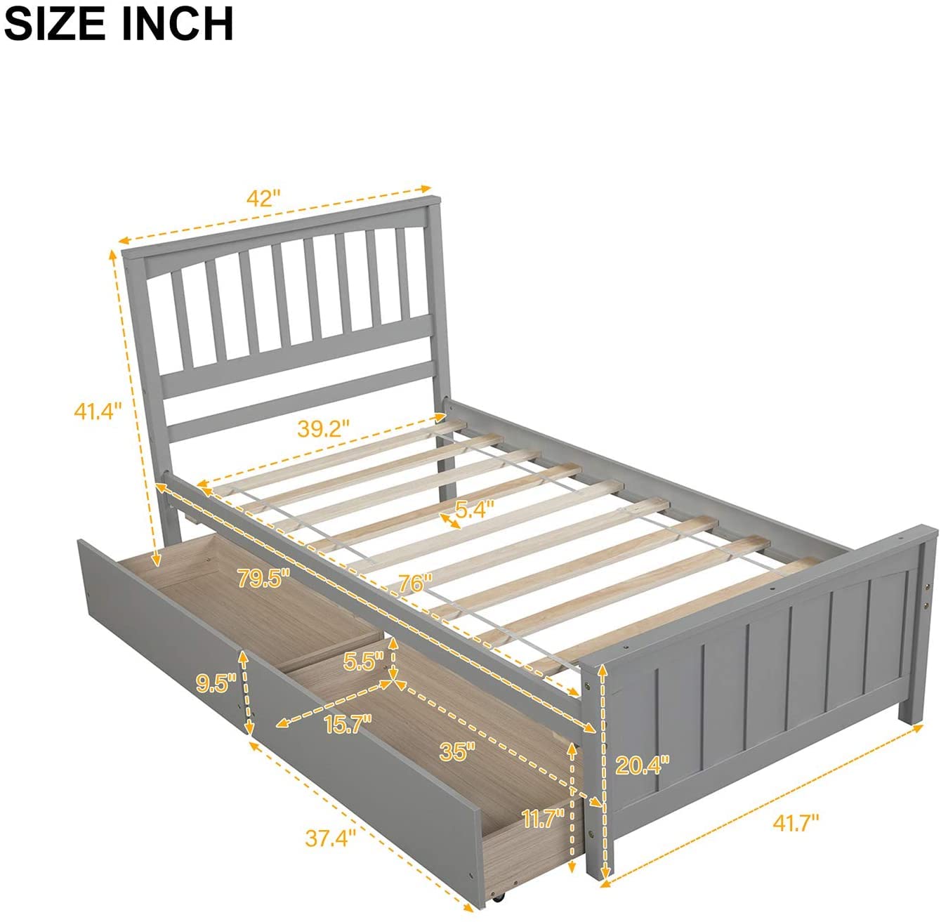 Harper & Bright Designs Light Grey Twin Bed Frame with Storage Drawers - Solid Wood Platform Bed, No Box Spring Needed - WoodArtSupply