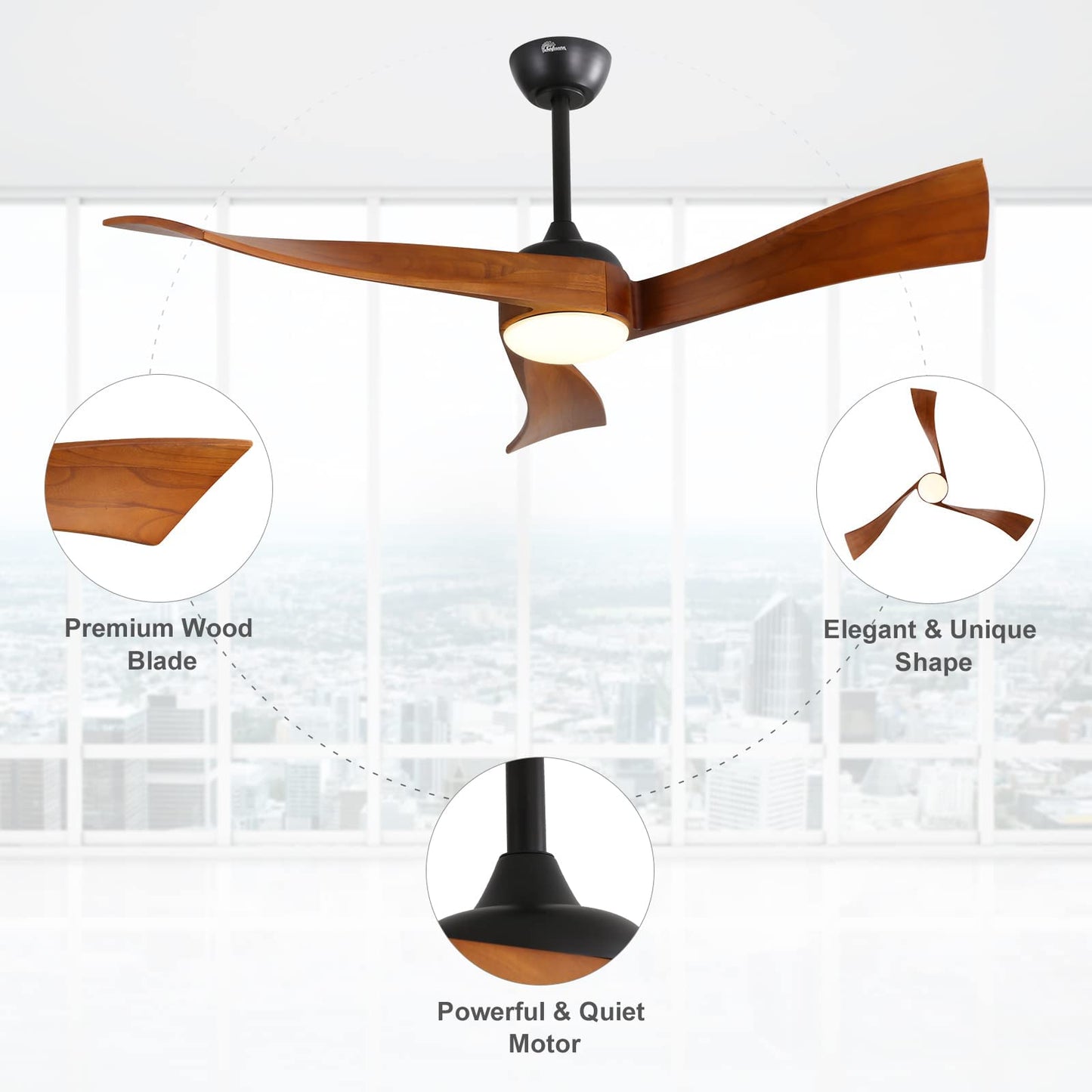 Sofucor 52 Inch Ceiling Fan with Lights Remote Control, Modern Ceiling Fan with Dimmable LED Light, 3 Reversible Solid Wood Blades, Quiet DC Motor with 6 Wind Speed 3 Timer, Bronze