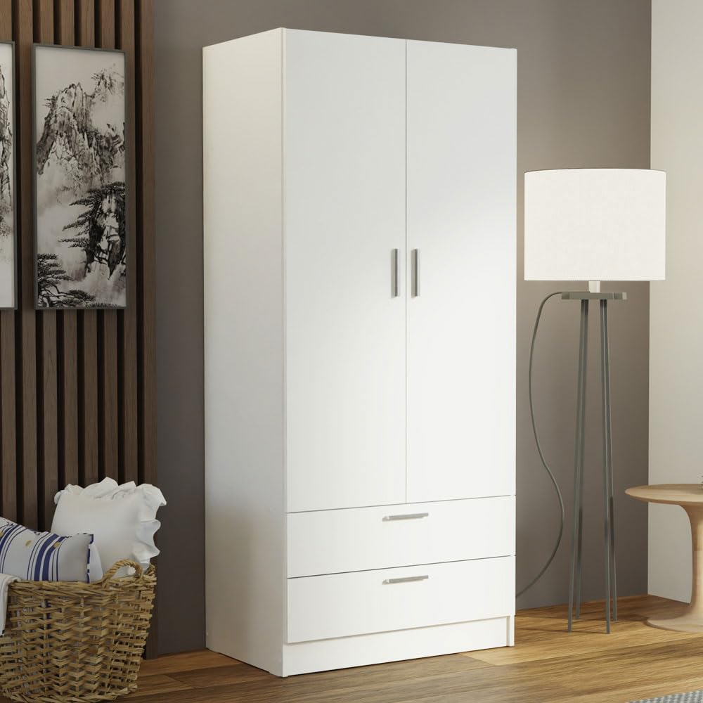 Madesa 2 Door 2 Drawer Storage Cabinet Wardrobe with Shelf and Hanging Space 31" L Wooden Armoire Closet Organization Unit for Bedroom and Office - White Madesa
