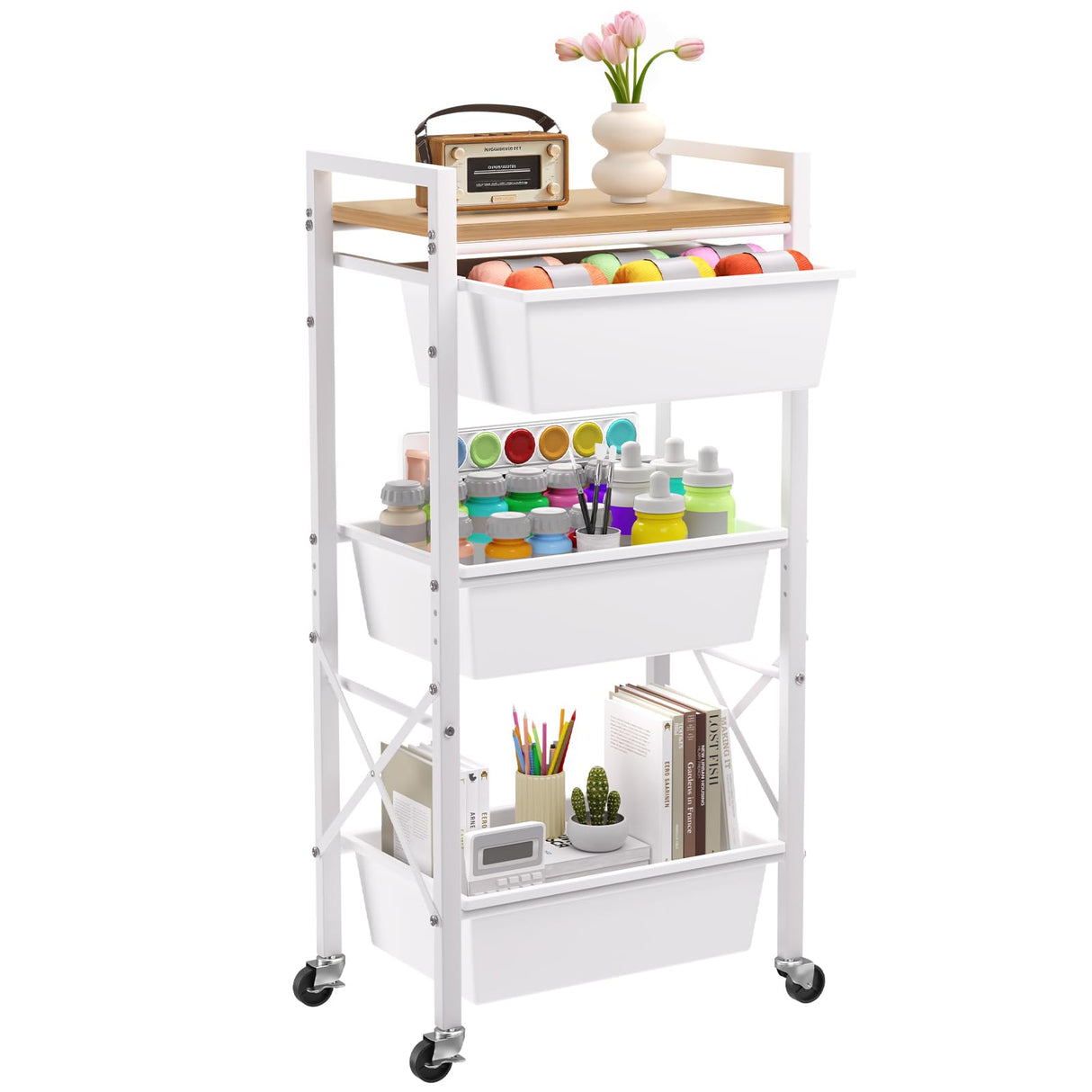 3 Tier Rolling Utility Cart with Drawer, Plastic Drawer Storage Snack Craft Book Cart with Lockable Wheels & Wood Tabletop, Metal Shelf Storage Organizer Cart for Kitchen, Bedroom, Office, White Time Forest