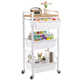 3 Tier Rolling Utility Cart with Drawer, Plastic Drawer Storage Snack Craft Book Cart with Lockable Wheels & Wood Tabletop, Metal Shelf Storage Organizer Cart for Kitchen, Bedroom, Office, White Time Forest