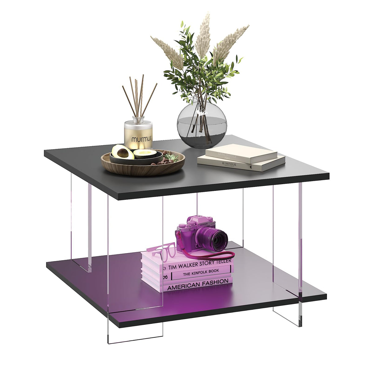 HedoAjim 24" Acrylic Coffee Table with Black Wood Tabletop, Minimalist Stylish Modern Square Center Table for Living Room,Led Living Room Table with Storage Shelf & Acrylic Frame for Small Space HedoAjim
