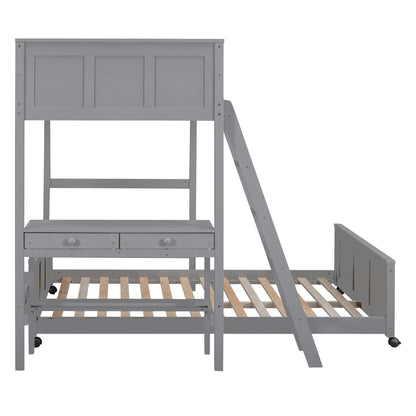 Harper & Bright Designs Twin Over Full Bunk Bed with Desk and Storage Drawers in Grey