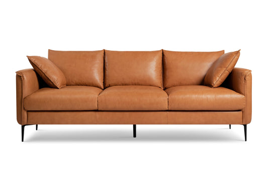 Valencia Jasper 85" Cognac Tan Brown 3 Seater Full Leather Couch | Mid Century Leather Sofa with 2 Pillows for Living Room Furniture | Plush Cushions, Nappa Leather Lounge Couch