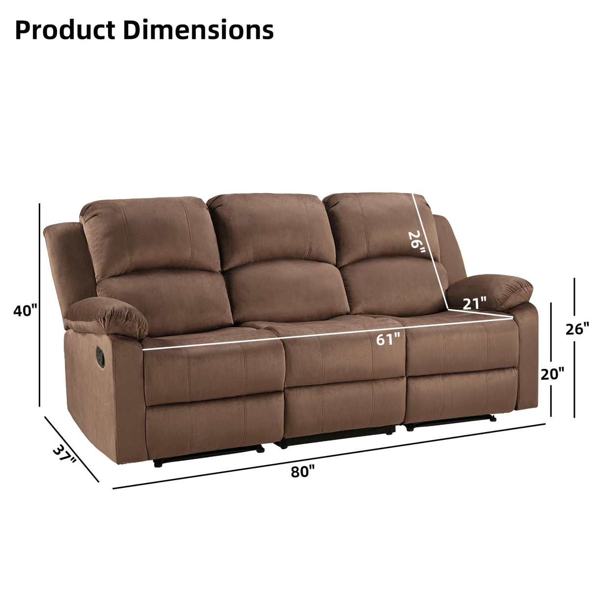 EBELLO 3 Seat Recliner Sofa for Living Room, Soft Microfiber Reclining Couch with Overstuffed Arms and Backrest for Home and Office, Brown EBELLO