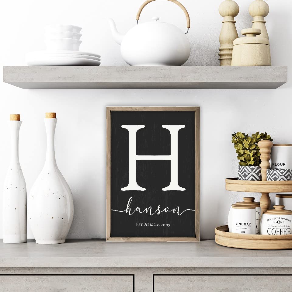 Framed Wooden Family Name Sign Personalized Wood Monogram Choose from Four Sizes (12" x 18", Weathered Grey Frame, Black Background) MRC Wood Products