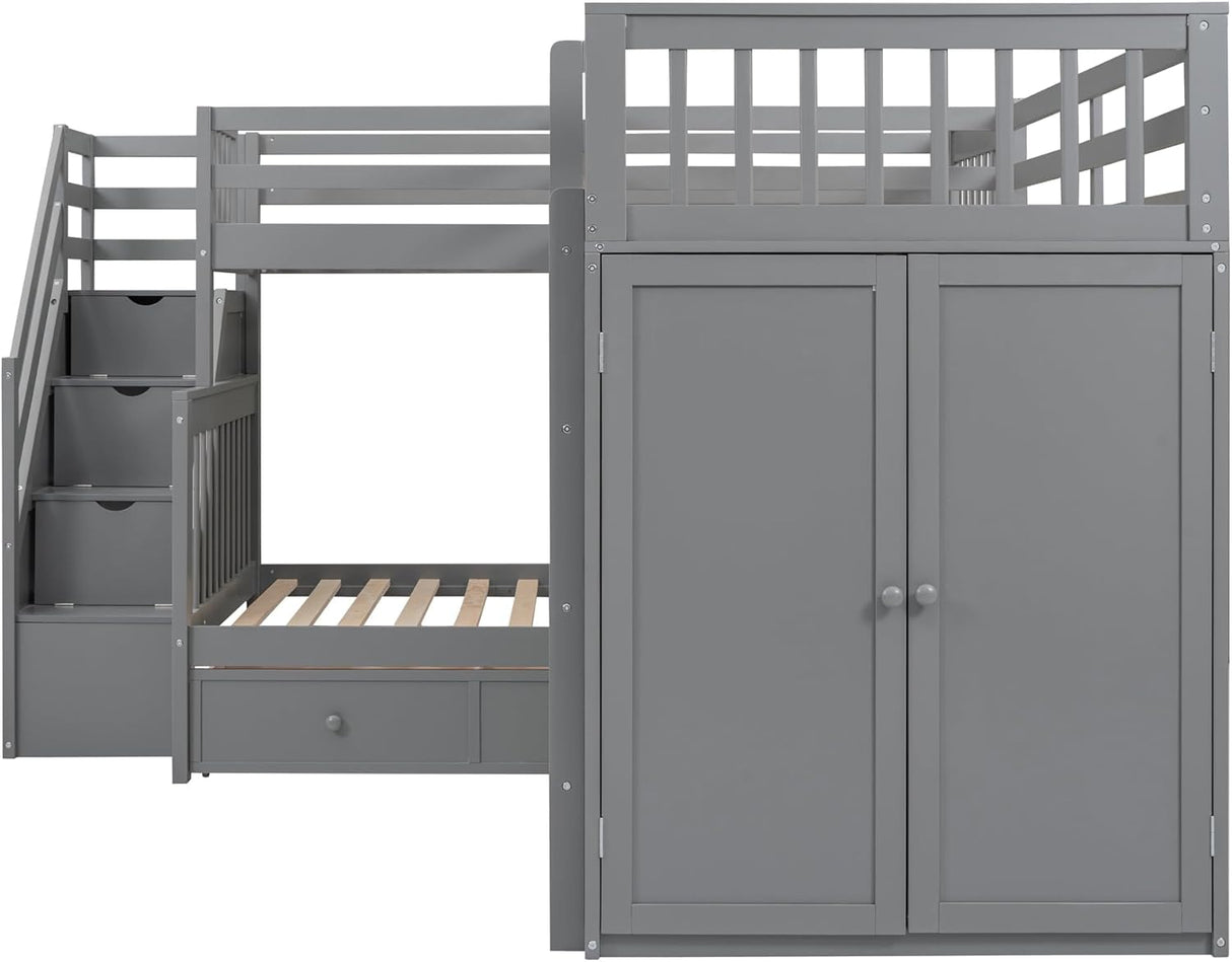 MERITLINE Twin-Twin Over Full Triple Bunk Bed with Storage Stairs,Wardrobe and Desk,Solid Wood L-Shaped 3 Bunk Bed with Ladder,Shelves,Headboard,Guardrail,No Box Spring Needed (Grey) MERITLINE
