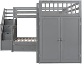 MERITLINE Twin-Twin Over Full Triple Bunk Bed with Storage Stairs,Wardrobe and Desk,Solid Wood L-Shaped 3 Bunk Bed with Ladder,Shelves,Headboard,Guardrail,No Box Spring Needed (Grey) MERITLINE