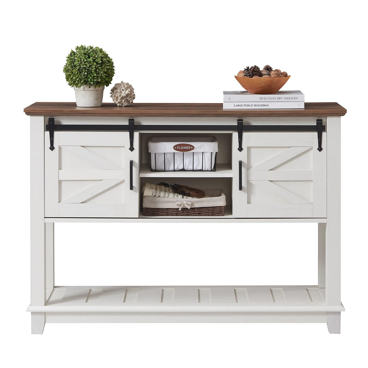 AMERLIFE Sofa Table with Sliding Barn Doors, TV Console Table, 46" Farmhouse Rustic Storage Entryway Table, Adjustable Open Shelves, Hallway, Living Room, Bedroom, Antique White AMERLIFE