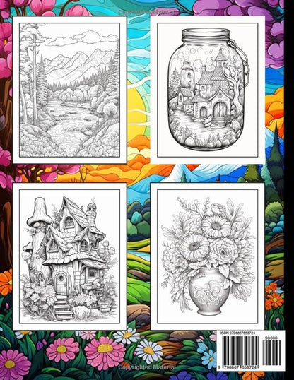 Anxiety Relief Coloring Book For Adults: Large print adult colouring book with flowers mushrooms, landscapes and more / 50 Stress relieving designs for men and women