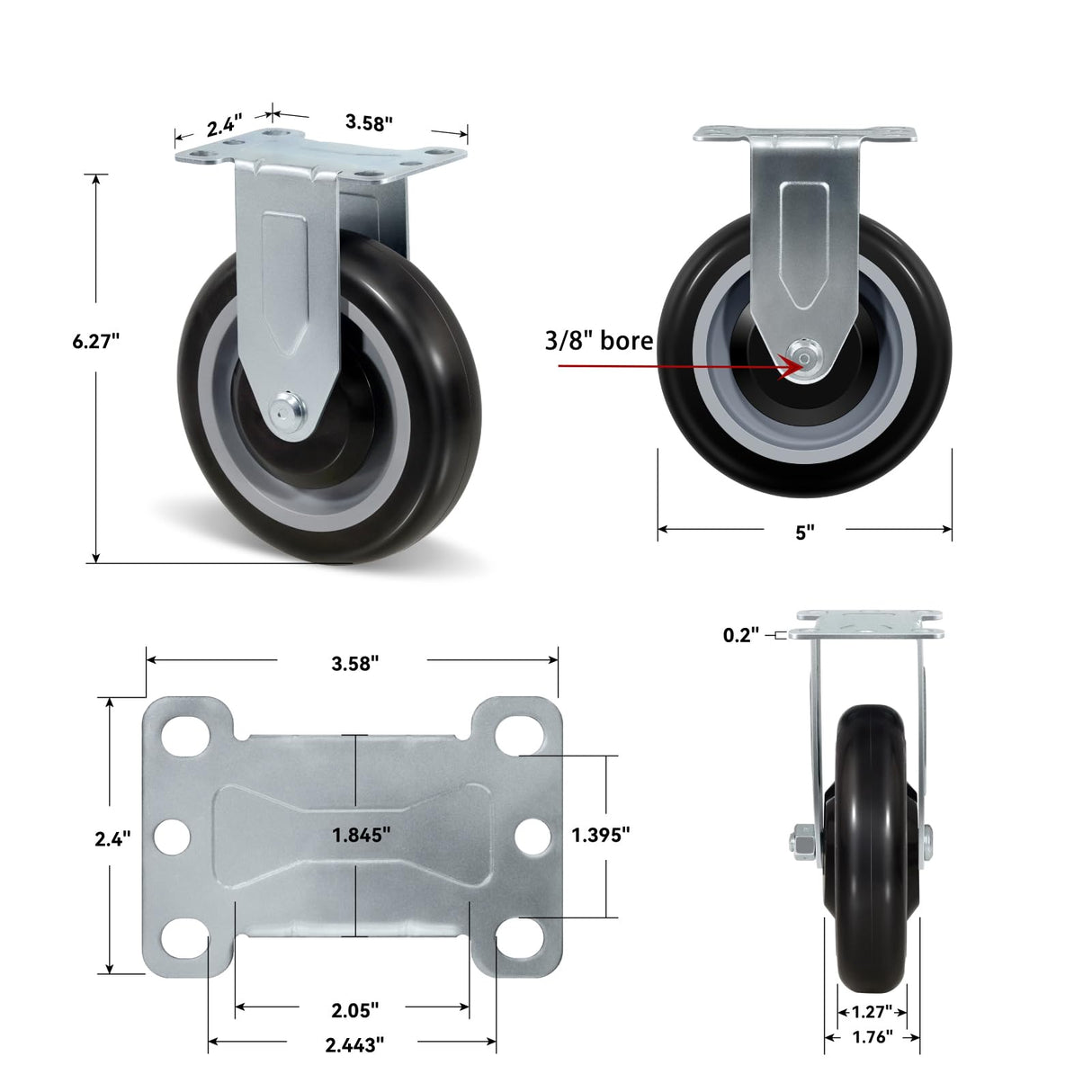 NINOSO 5" Caster Set of 4, Heavy Duty Industrial Caster Wheels with Load 1400lbs Capacity, Polyurethane Shopping Cart Wheels Replacement for Furniture Equipment Dollies(2 Swivel & 2 Rigid) Ninoso
