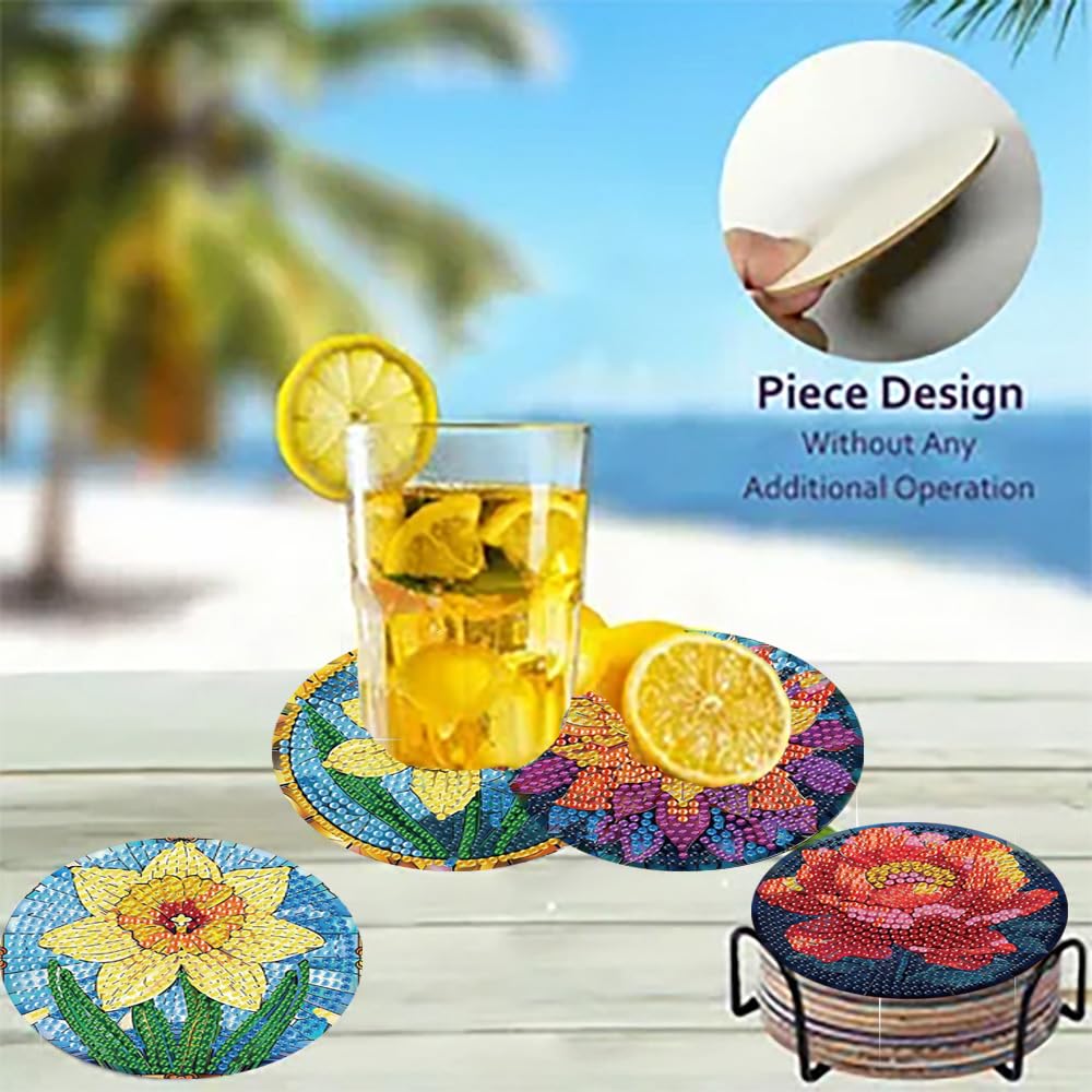 Zythron 8 PCS Diamond Art Coasters,Flowers Diamond Painting Coasters Kits Flower DIY with Holder DIY for Beginners, Adults, Diamond Art Kits for Adults Diamonds Art Crafts Supplies 4x4 in Zythron