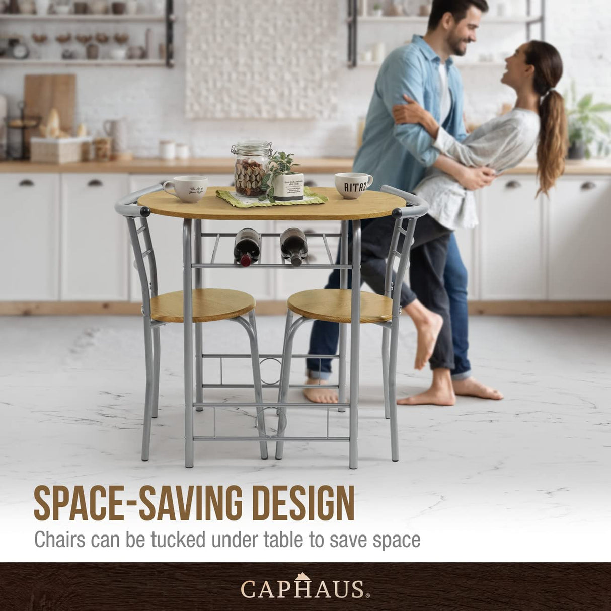 CAPHAUS 3 Pieces Dining Set for 2, Small Kitchen, Dining Room Table Set w/Steel Frame, 3 Pieces Patio Set w/Wine Rack, Small Dining Table Set for 2, Outdoor Dining Round Table Set, Natural Oak CAPHAUS