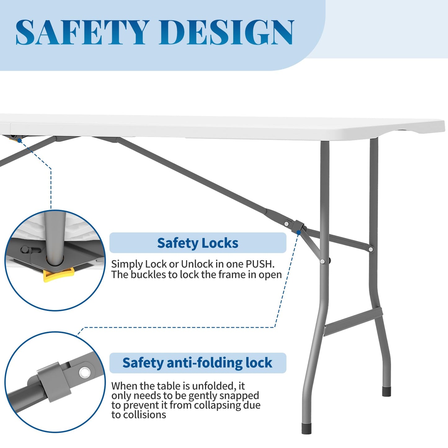 HLPB Folding Table Picnic Table Set, 6 ft Camping Table with 2 Benches, Outdoor Indoor Portable Folding Table for Working Meeting Parties, Camping, Picnic, Weddings w/Handle and Safety Locks, White