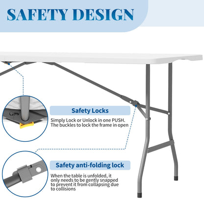 HLPB Folding Table Picnic Table Set, 6 ft Camping Table with 2 Benches, Outdoor Indoor Portable Folding Table for Working Meeting Parties, Camping, Picnic, Weddings w/Handle and Safety Locks, White