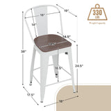 Athena Collection 24.5'' Counter Height Chairs High Back Bar Stools Set of 2, Farmhouse Wooden Seat Metal Frame Barstools Bar Dining Chairs with Footrest for Pub, Bistro, Kitchen, White Athena Collection