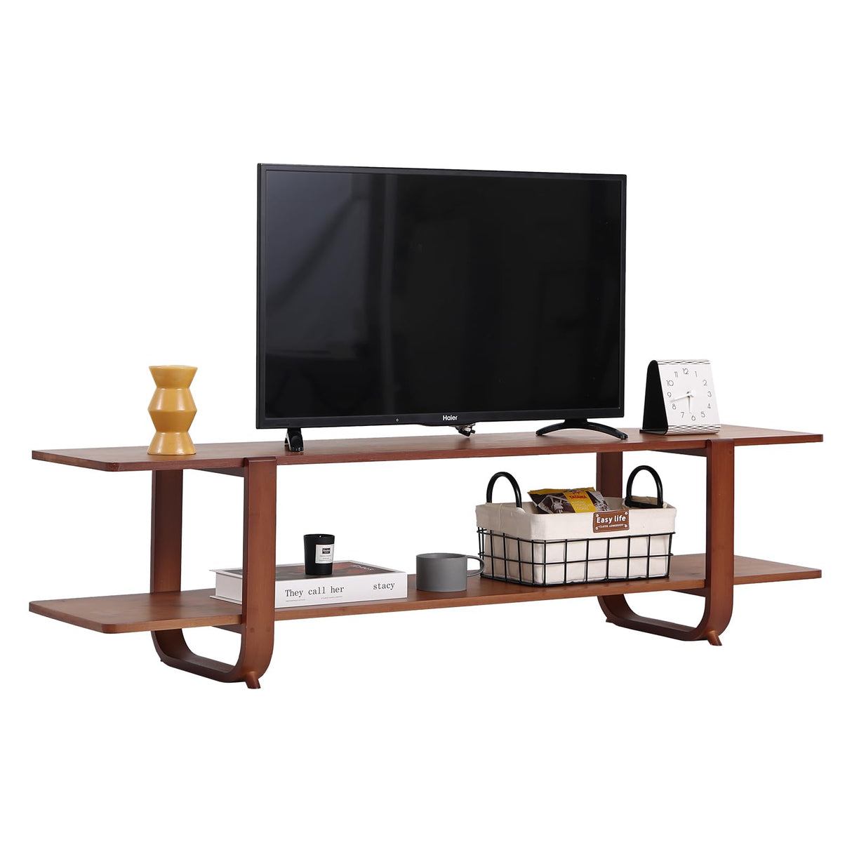 Welnow Bamboo TV Stand for Up to 65 Inch, Mid Century Modern Entertainment Center with 2-Tier Open Shelves, Storage Media Console Table for Living Room, Bedroom, Walnut Welnow