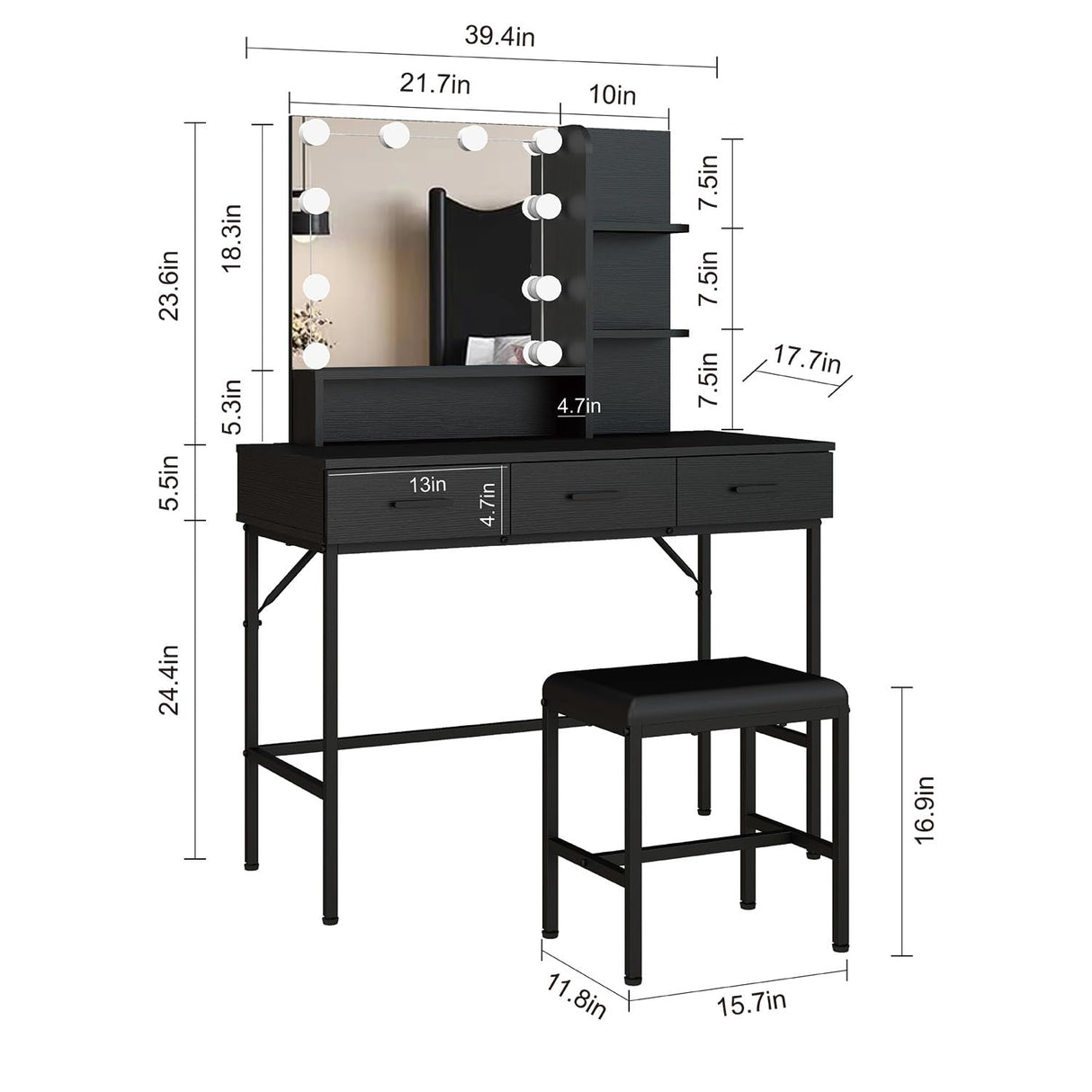 Vanity Table with Lighted Mirror, 3 Drawers Makeup Desk Dressing Table with Lots Storage Vanity Set with Wider Cushioned Stool for Bedroom (Black) Panana