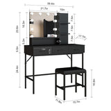 Vanity Table with Lighted Mirror, 3 Drawers Makeup Desk Dressing Table with Lots Storage Vanity Set with Wider Cushioned Stool for Bedroom (Black) Panana