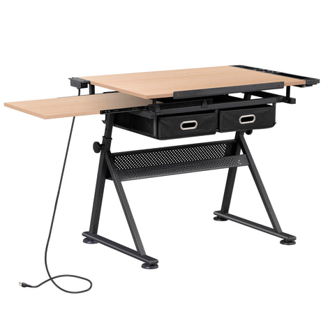 ZENY Adjustable Drafting Table with Stool, Tilting Drawing Desk Artist Table with Storage Drawers, Art Craft Workstation for Home Office Reading, Writing, Crafting (Brown-with Outlet) ZENY