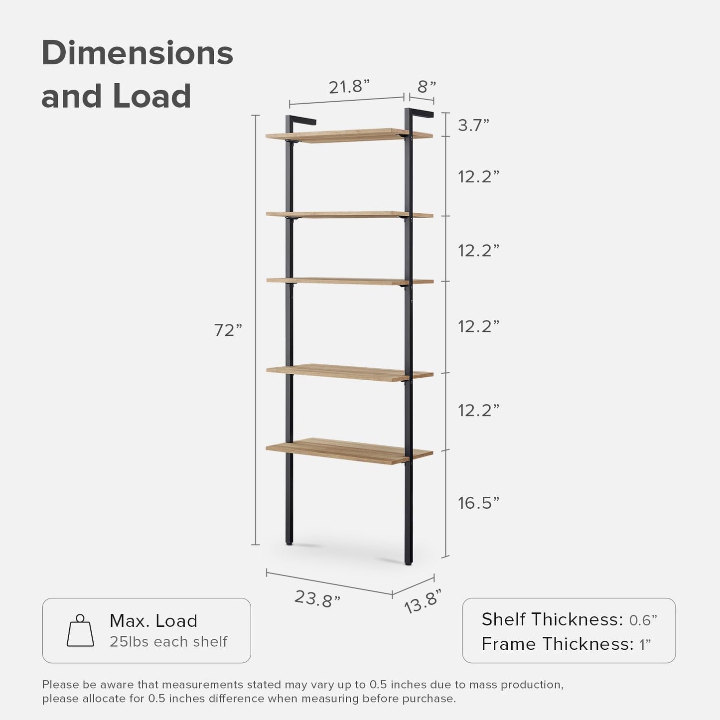 mopio Norwin Ladder Book Shelf, Wall Bookshelf, Farmhouse Industrial Bookcase, Narrow Slim Organizer Display Shelves, Living Room, Bedroom (5-Tier Shelf) - WoodArtSupply