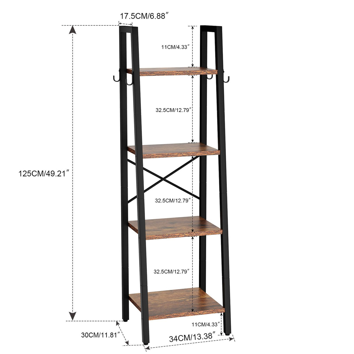 YMYNY 4 Tiers Ladder Bookcase, Industrial Narrow Bookshelf, Open Display Rack with 4 S Hooks, Metal Storage Shelves for Bedroom, Home Office, Living Room, Rustic Brown, 49.2H*13.4L*11.8W, UHBC024H YMYNY