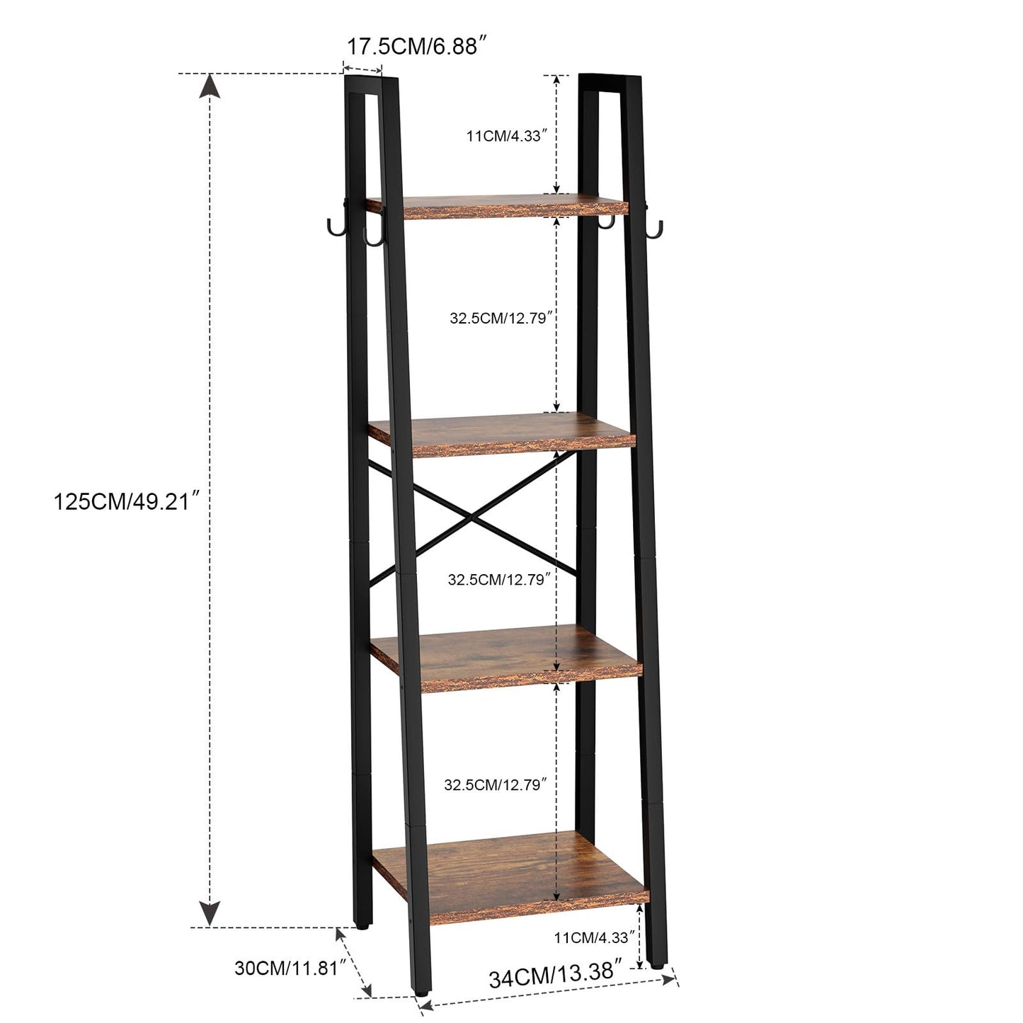 YMYNY 4 Tiers Ladder Bookcase, Industrial Narrow Bookshelf, Open Display Rack with 4 S Hooks, Metal Storage Shelves for Bedroom, Home Office, Living Room, Rustic Brown, 49.2H*13.4L*11.8W, UHBC024H