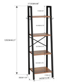 YMYNY 4 Tiers Ladder Bookcase, Industrial Narrow Bookshelf, Open Display Rack with 4 S Hooks, Metal Storage Shelves for Bedroom, Home Office, Living Room, Rustic Brown, 49.2H*13.4L*11.8W, UHBC024H YMYNY