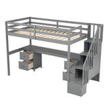SOFTSEA Twin Loft Bed with Desk, Storage Stairs & Drawers in Grey SOFTSEA